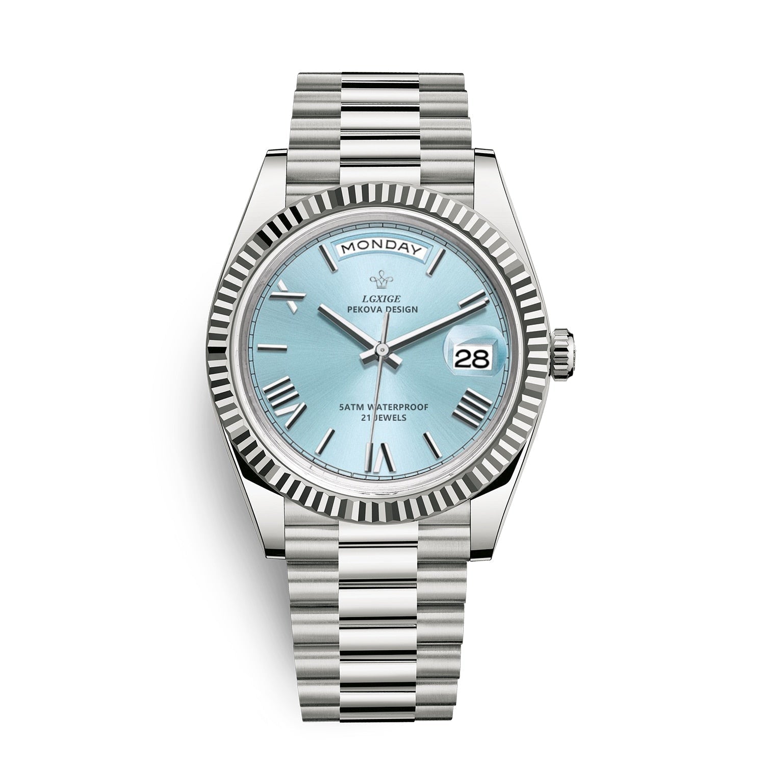 Automatic men's watch featuring a sleek stainless steel case, scratch-resistant glass, and a day and date display for modern functionality. 0
